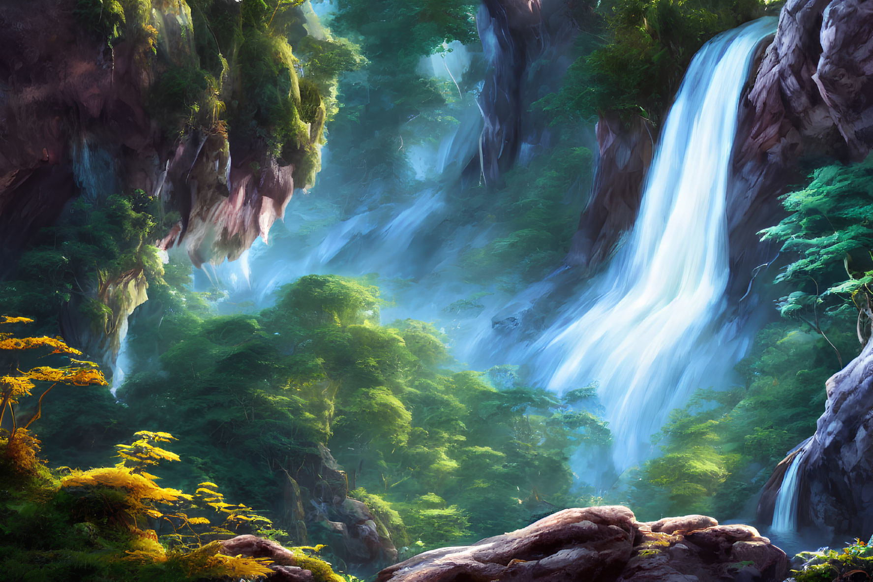 Digital artwork: Majestic waterfall in lush forest with sunlight.
