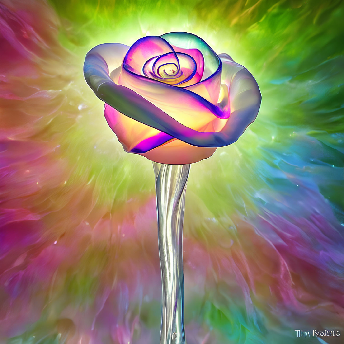 Colorful artistic representation of a rose with swirled center and metallic stem on pastel background