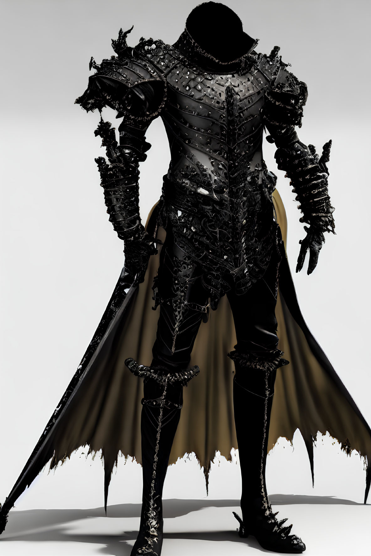 Ornate Black Armor with Sharp Edges and Flowing Cape