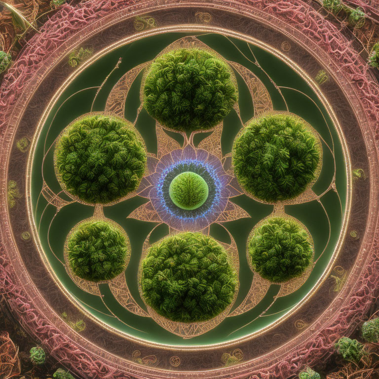 Symmetrical fractal image: intricate tree patterns in green, pink, and brown