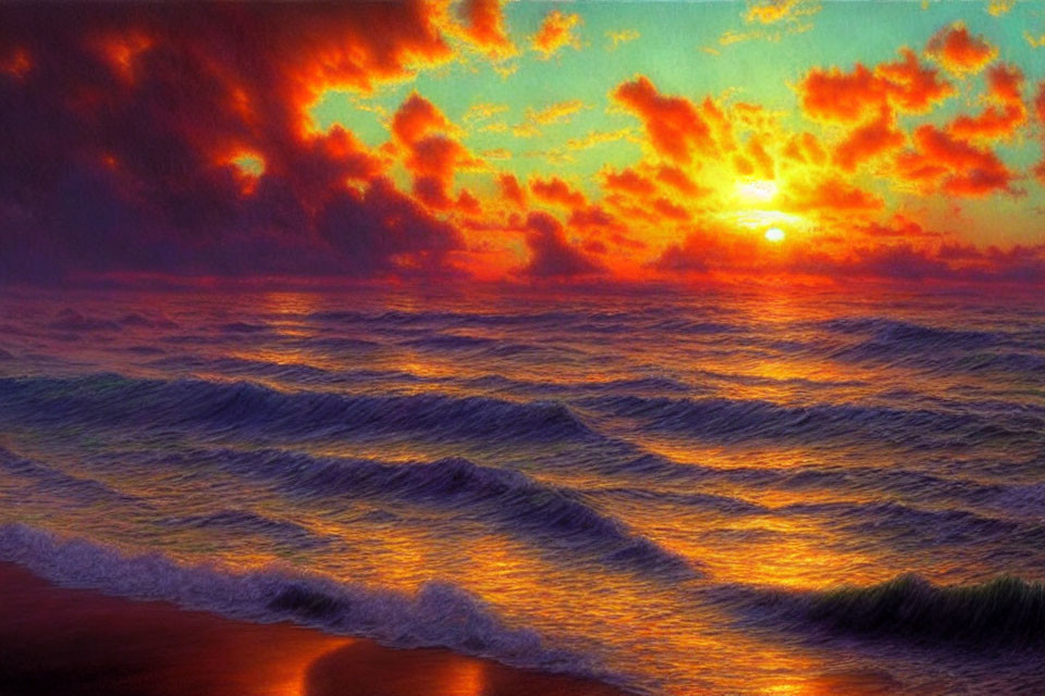 Vibrant sunset over rolling ocean waves and fiery clouds