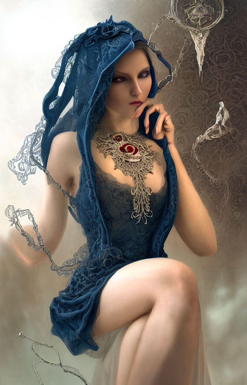 Blue veiled figure with intense gaze and ornate neckpiece on smoky backdrop with ethereal chains