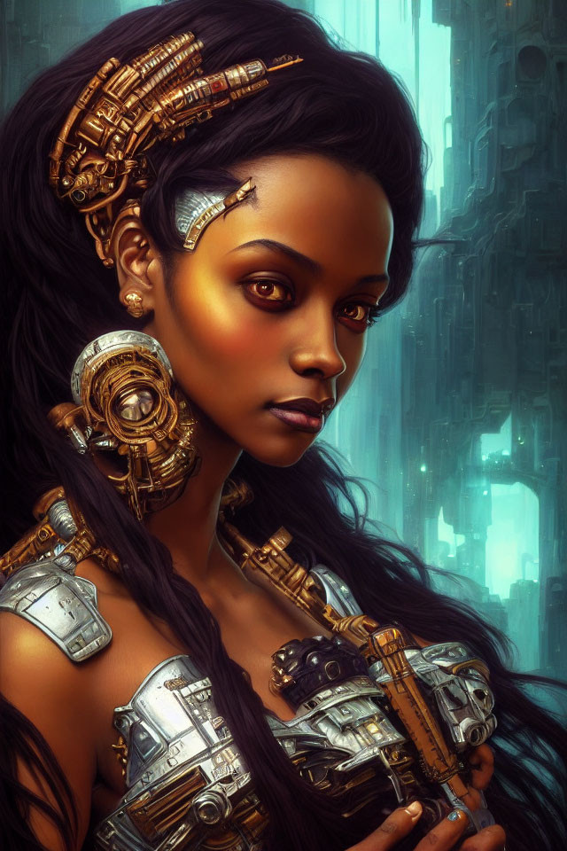 Digital artwork: Woman with cybernetic enhancements in futuristic setting