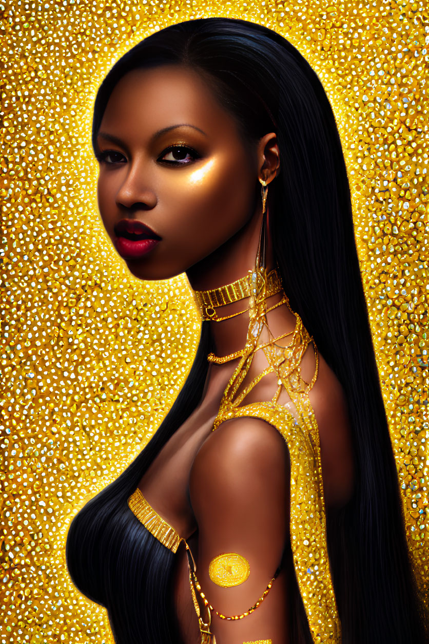 Digital illustration: Woman with long black hair and golden jewelry on shimmering golden background