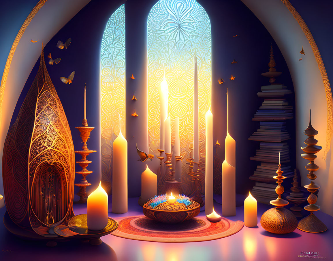 Tranquil scene with candles, lanterns, butterflies, and books in warm light.