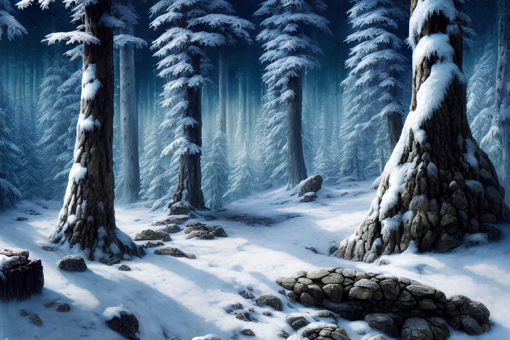 Winter forest scene with pine trees, stone bridge, and serene blue light