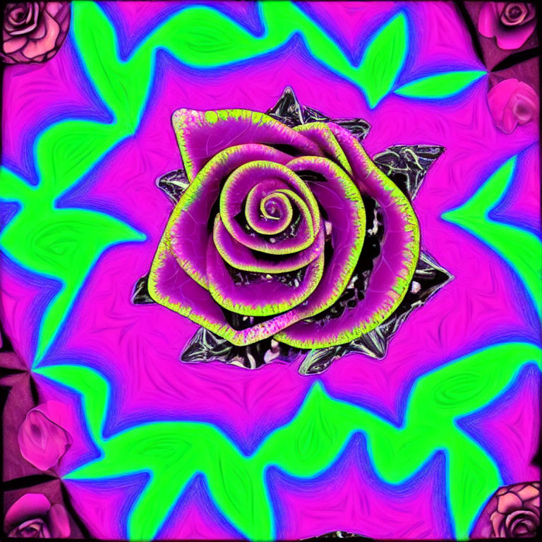Colorful Digital Artwork: Central Spiral Rose with Neon Green and Magenta Hues