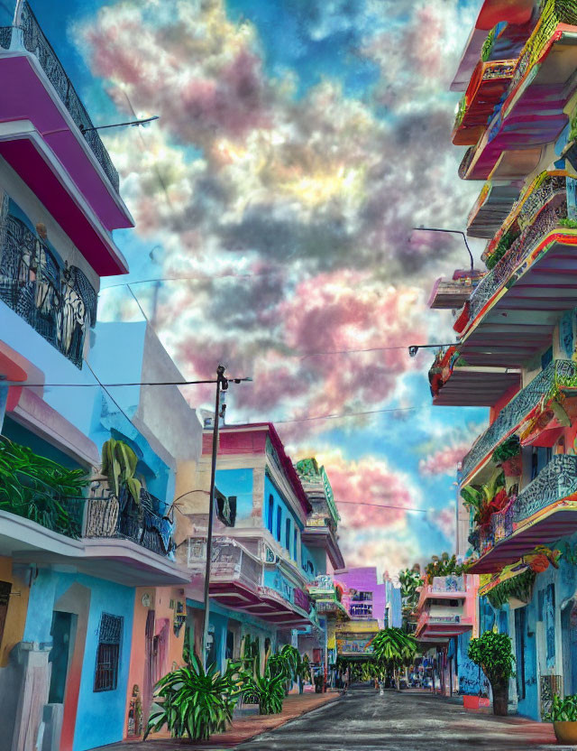 Vibrant urban street scene with two-story buildings and balconies under a dramatic pink and blue sky