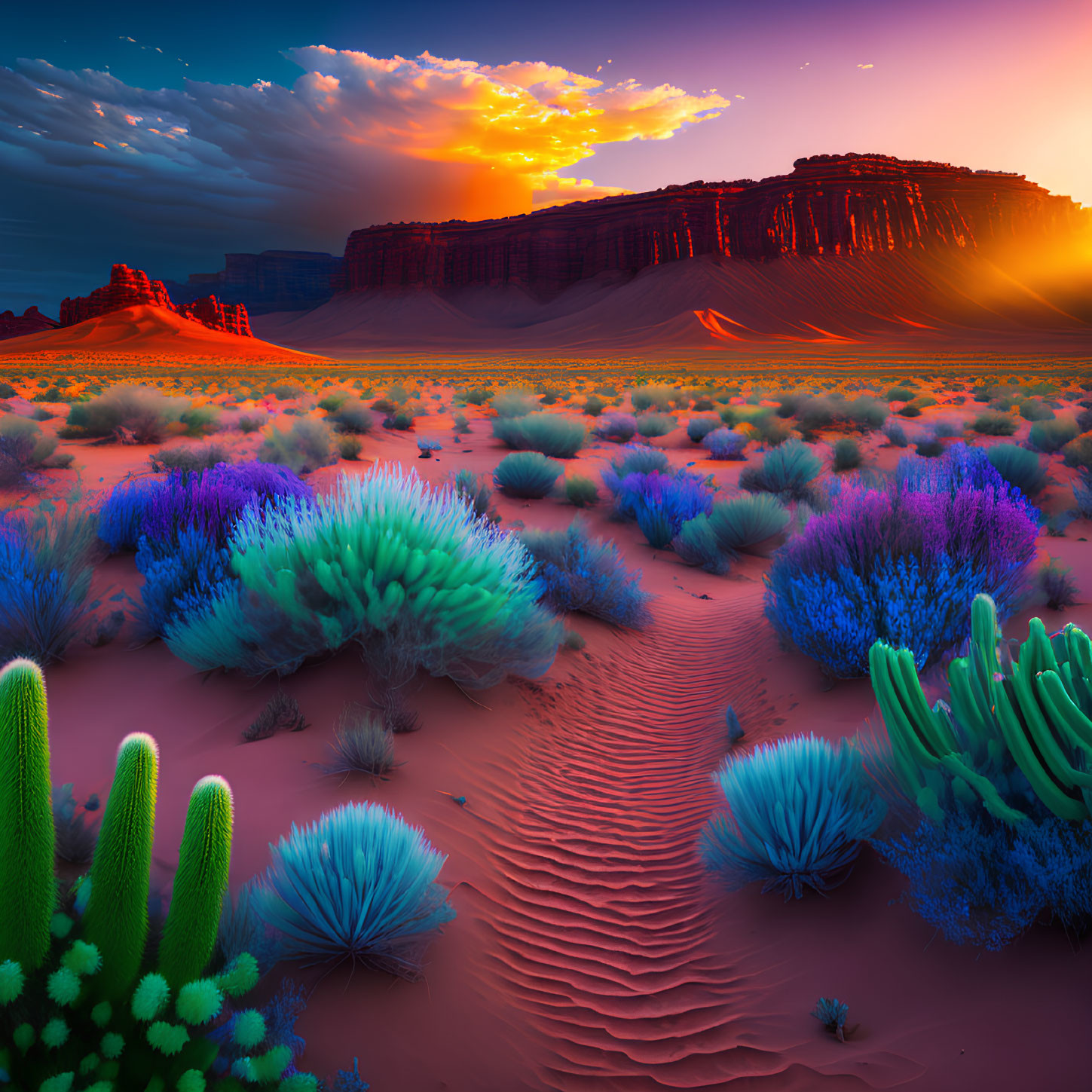 Colorful Flora and Red Sand Dunes in Vibrant Desert Sunset