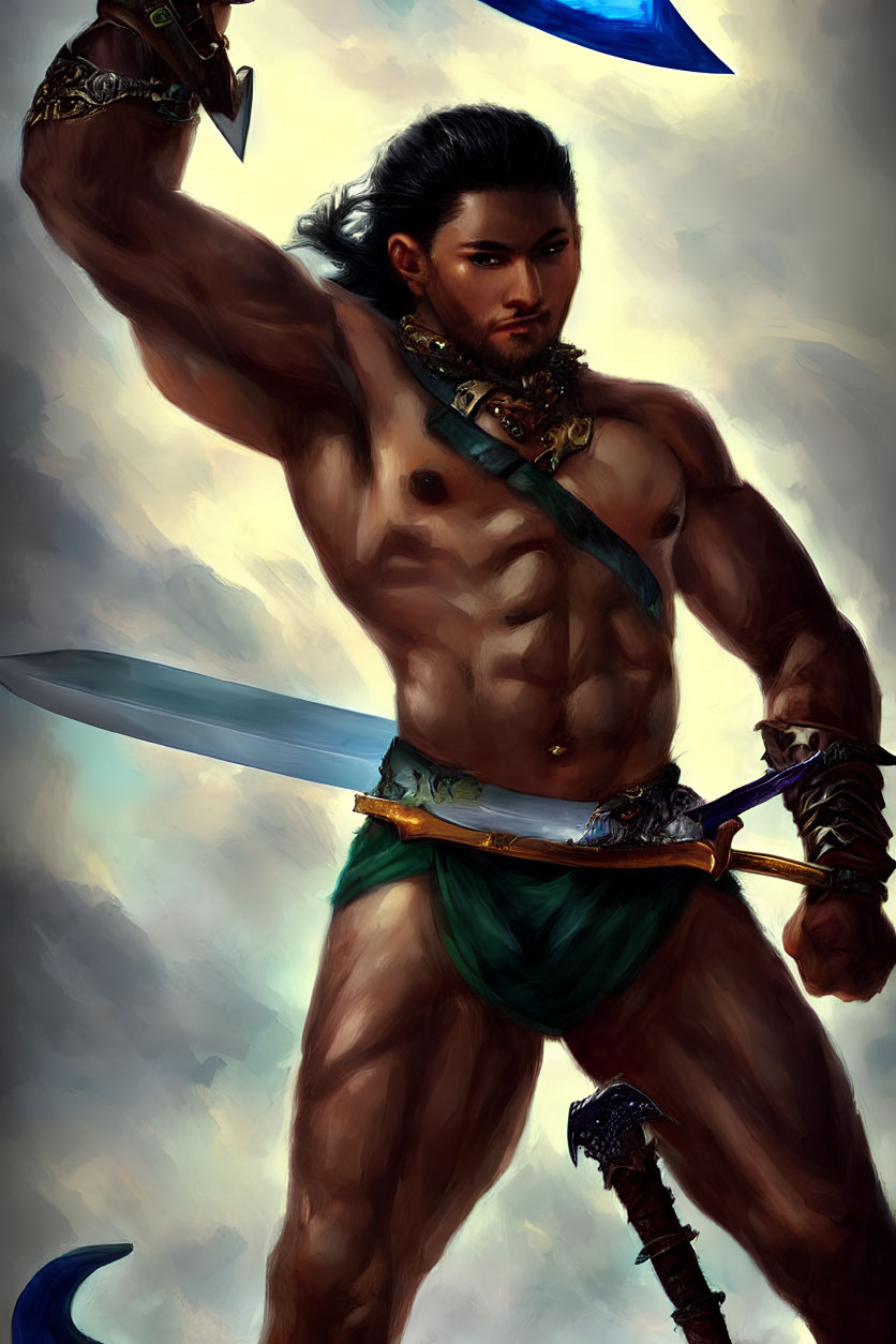 Muscular warrior in traditional garb with sword ready for battle