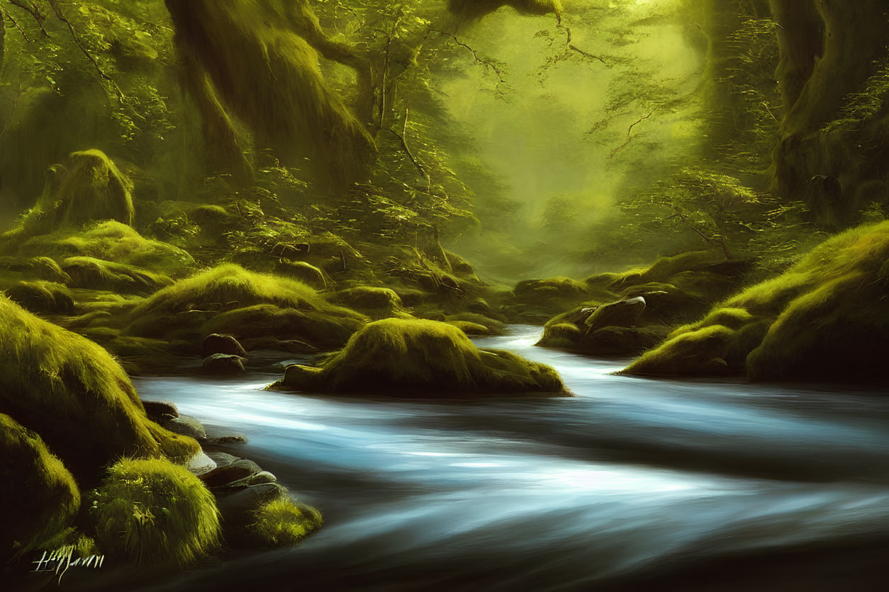 Tranquil Forest Scene with Stream and Sunbeams