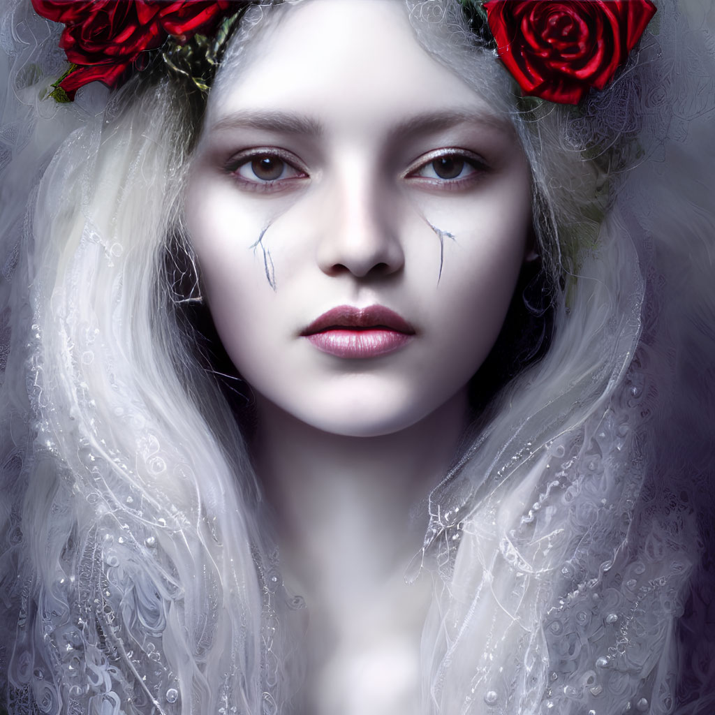 Pale woman with red lips, grey eyes, crown of red roses, and tear-like lines.
