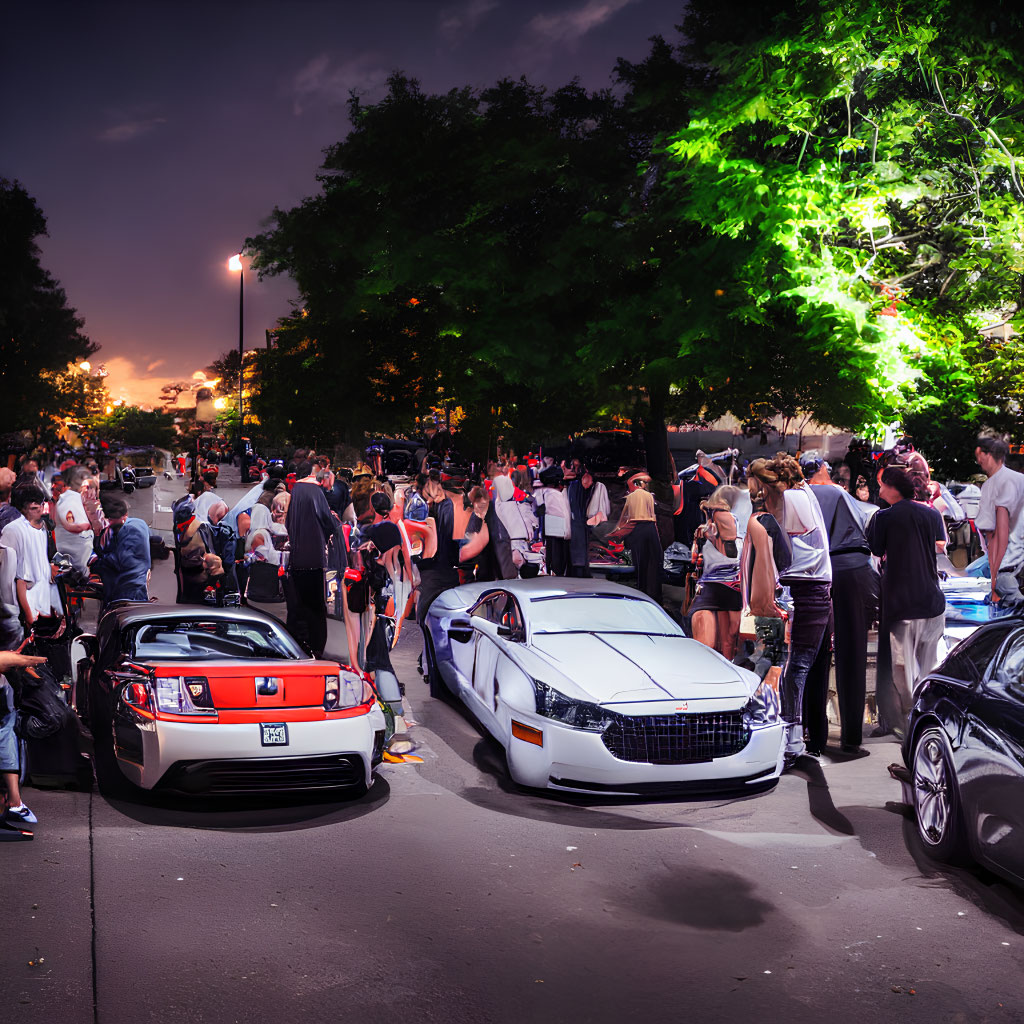 Twilight car meet with showcased vehicles and mingling crowd