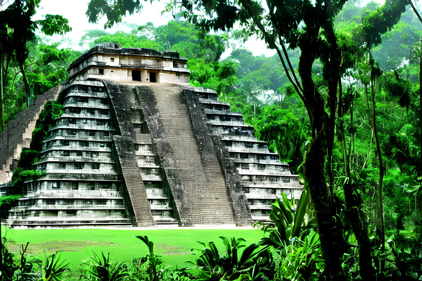 Ancient Mayan Pyramid in Lush Green Jungle Landscape