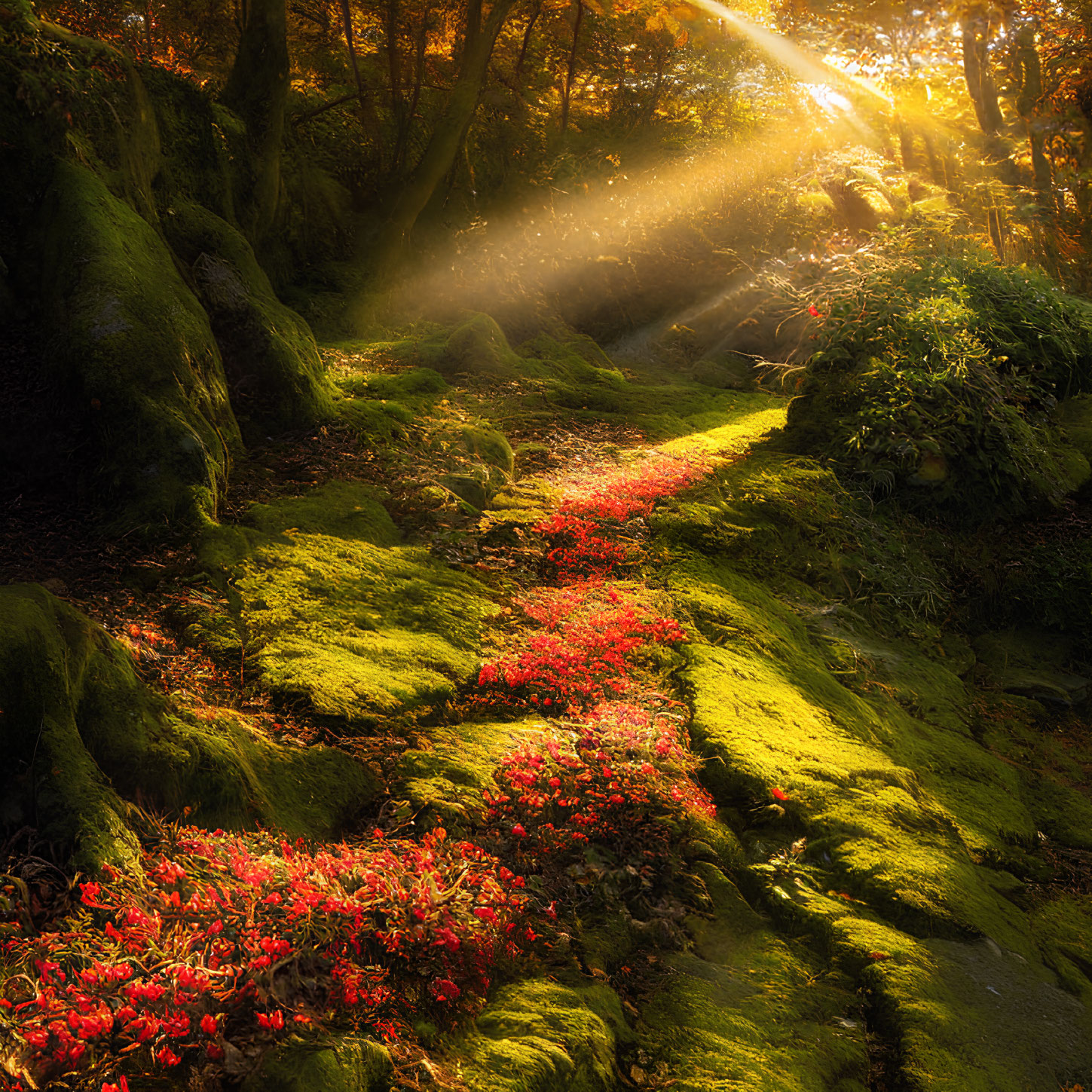 Sunlight filtering through trees onto moss-covered forest floor with red leaves