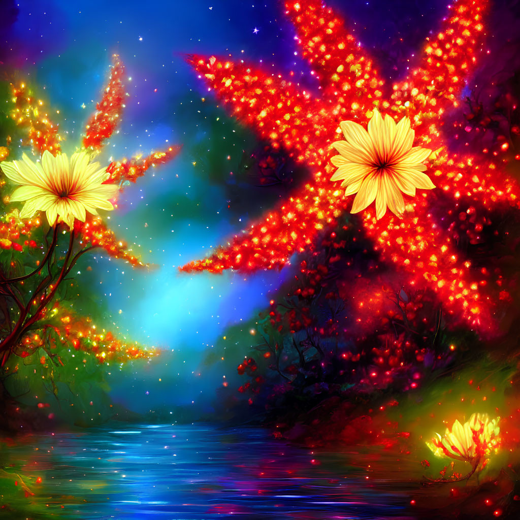 Fantasy landscape with glowing flora, red leaves, starry sky, and blue river