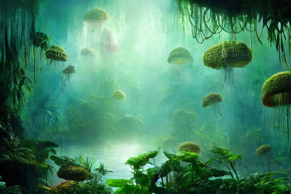 Mystical jungle scene with floating islands and serene misty lake