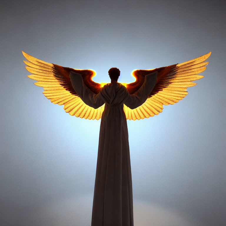 Silhouetted figure with angel wings on gradient background
