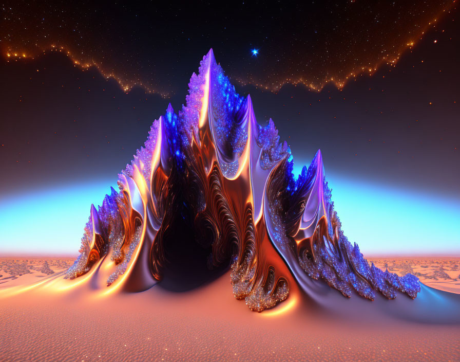 Iridescent fractal mountains in otherworldly digital art