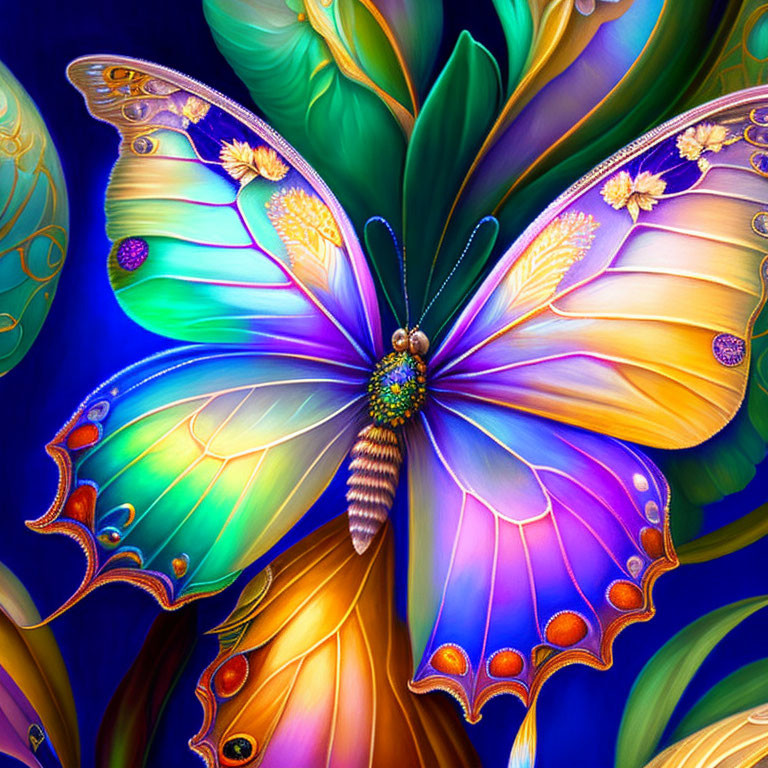 Colorful Butterfly Painting with Purple, Blue, and Gold Wings