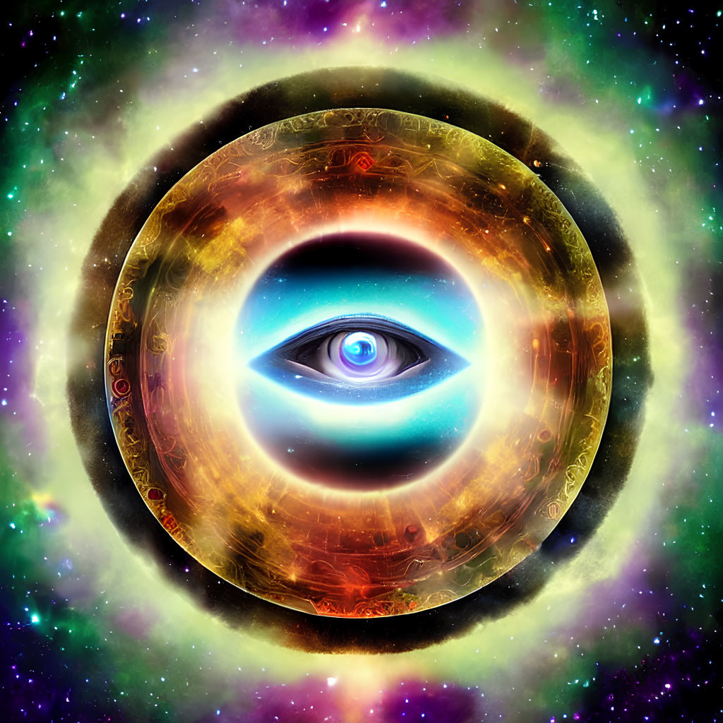 Vivid cosmic illustration of central eye encircled by fiery rings