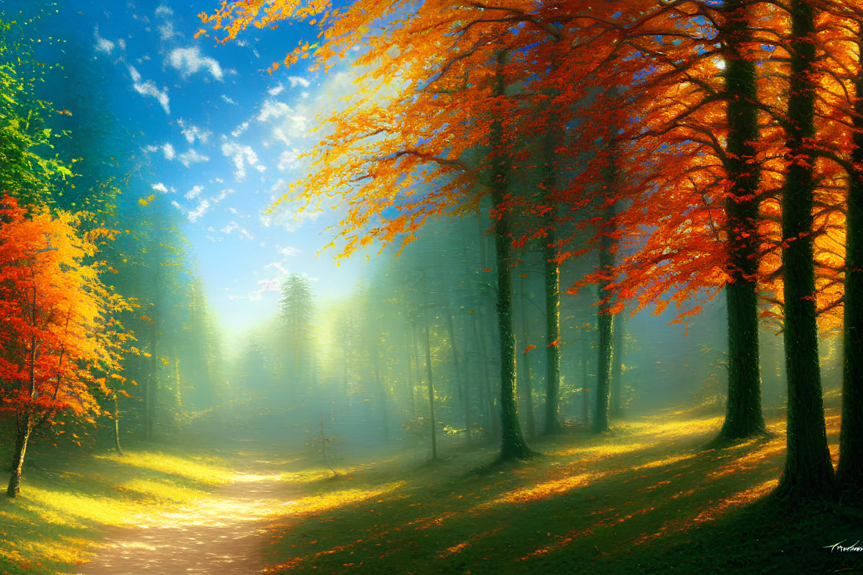 Tranquil Forest Scene with Sunlit Path and Autumnal Trees