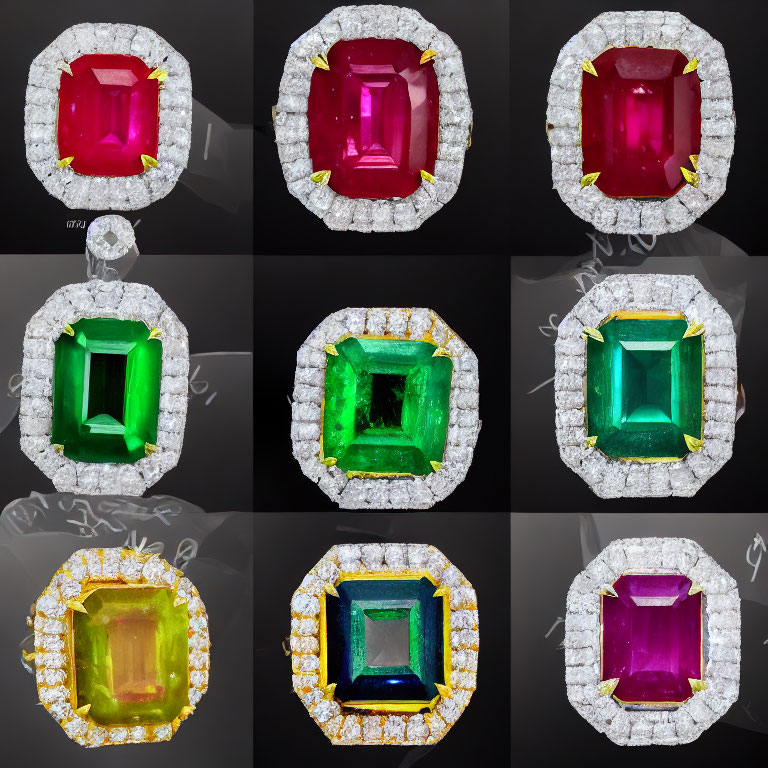 Nine Gemstone Pendants with Diamonds on Black Background