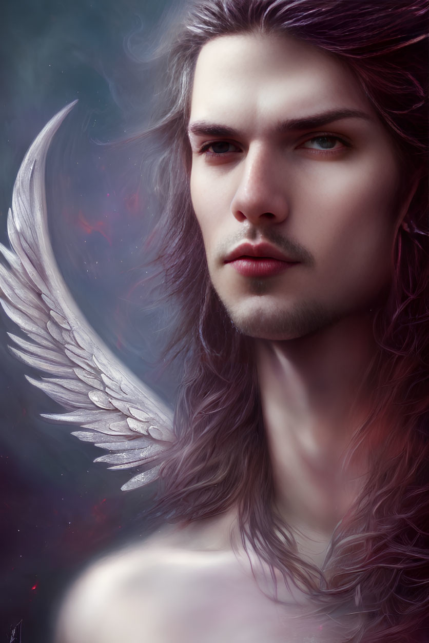 Digital Artwork: Person with Long Purple Hair and Realistic Angel Wings on Moody Cosmic Background