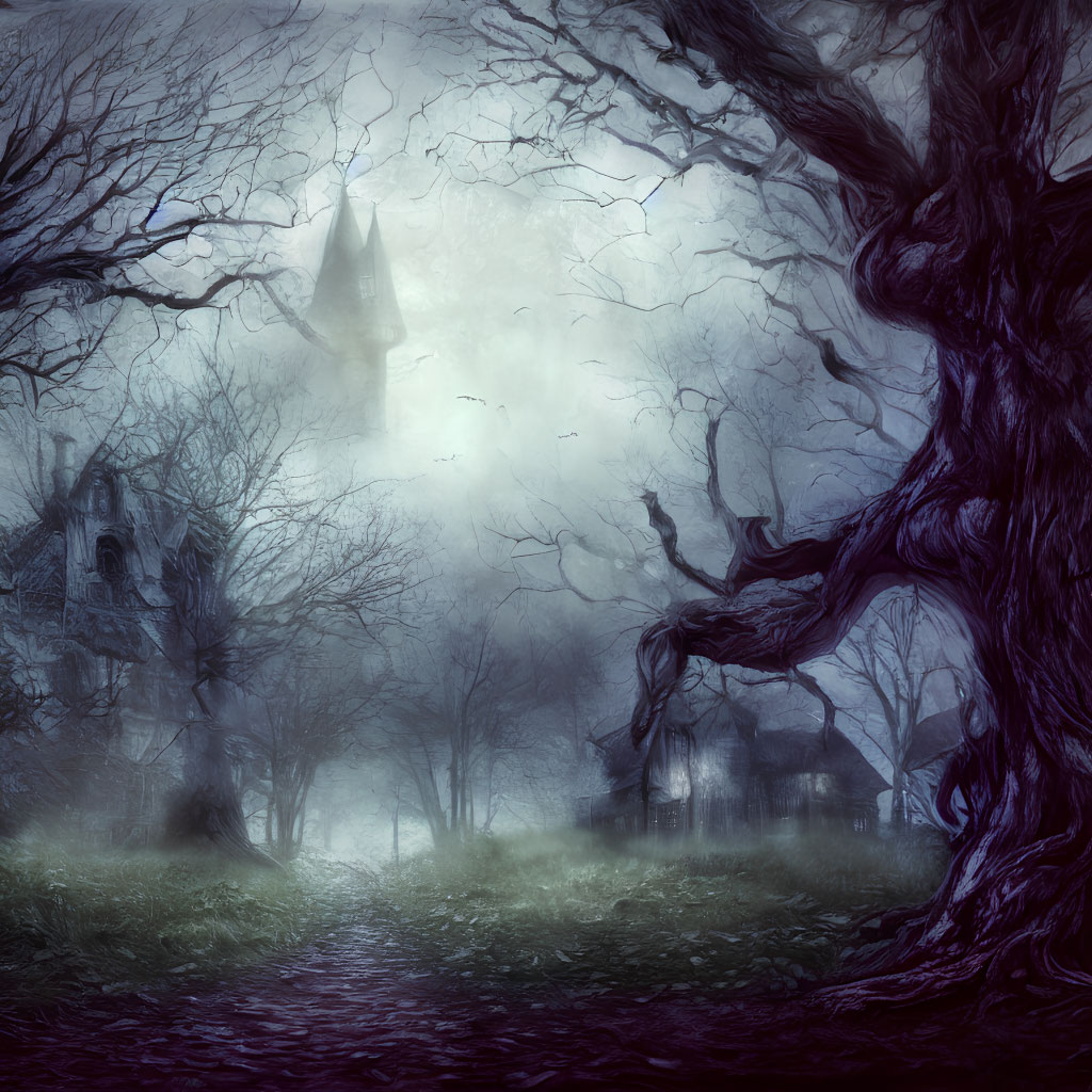 Foggy, eerie landscape with gnarled trees, dilapidated tower, and flying birds