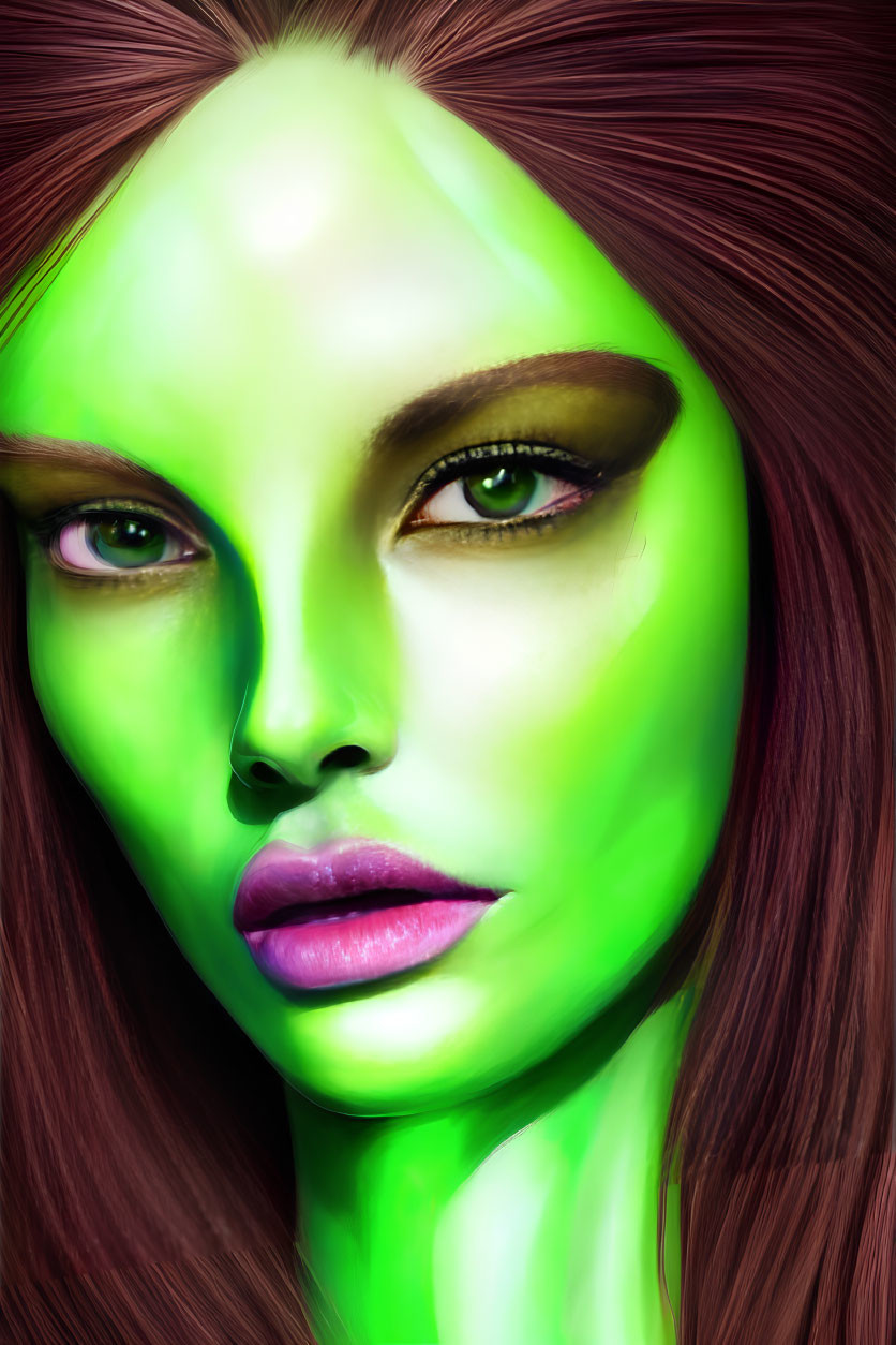 Female figure with glowing green skin and bold makeup.
