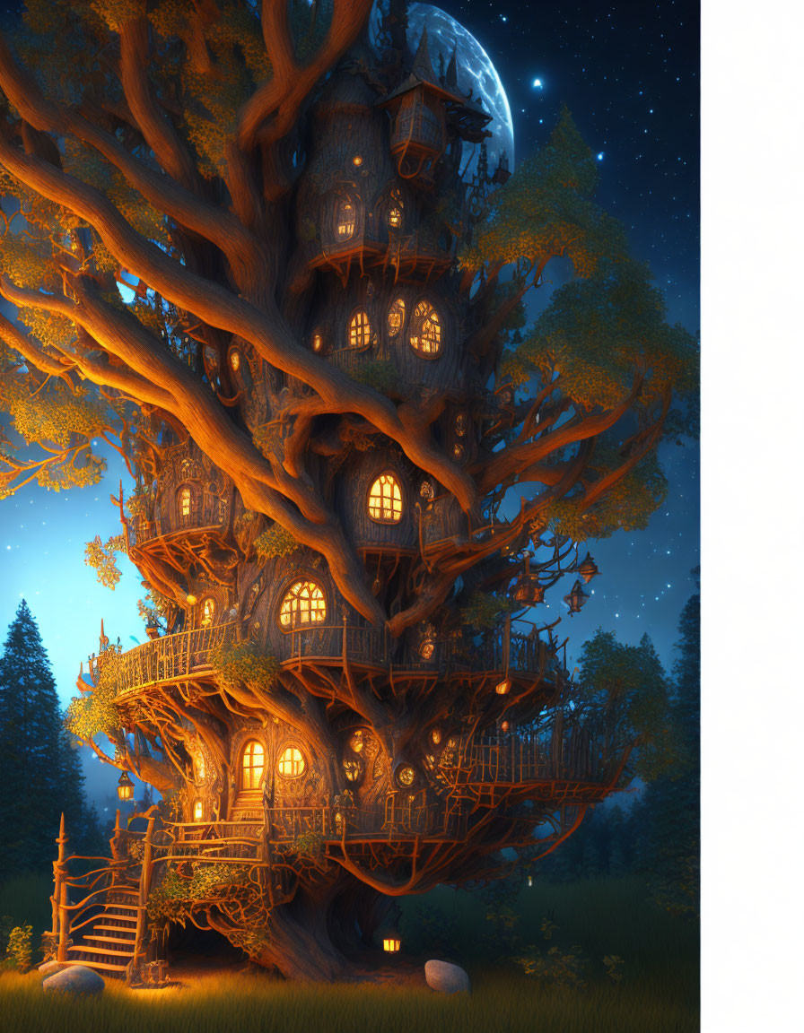 Enchanting multi-level treehouse with glowing windows under starry night sky