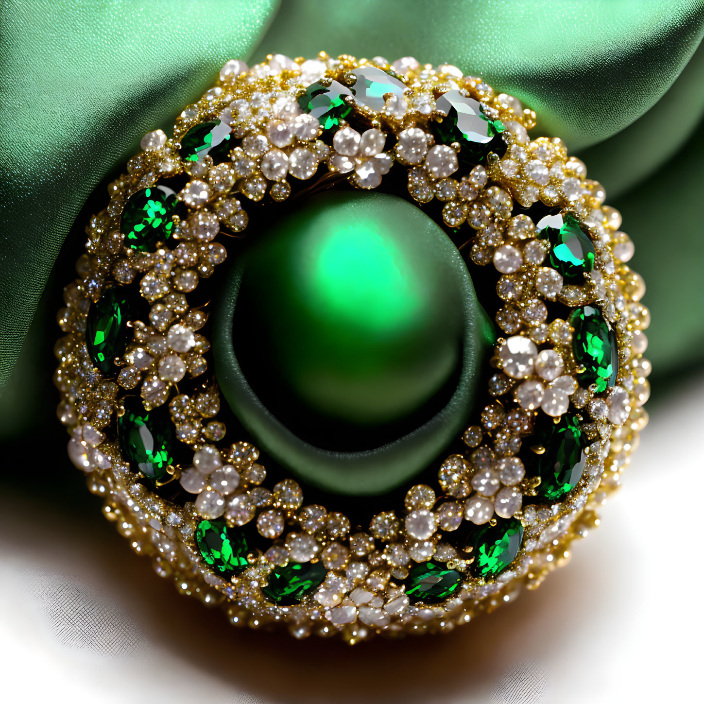 Opulent green pearl brooch with diamonds on silk background