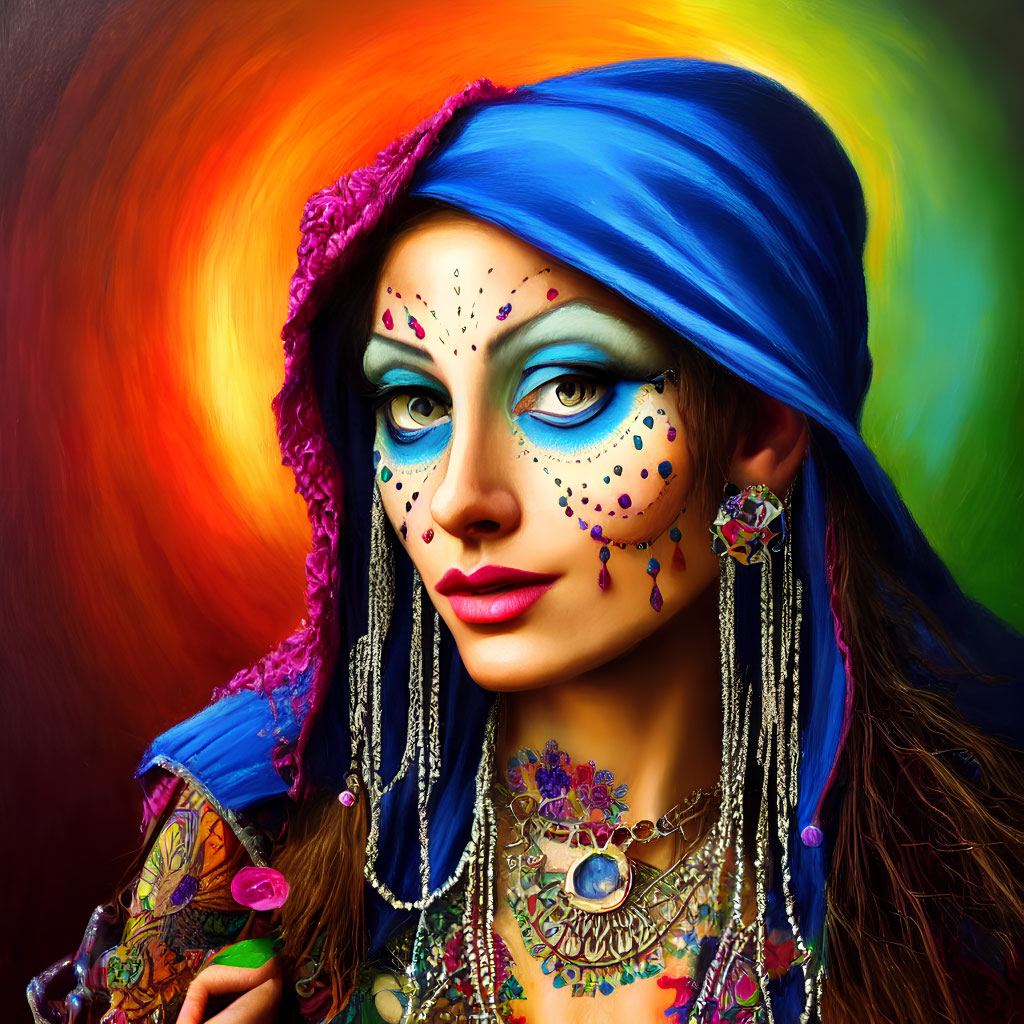Colorful portrait of woman with blue eyes, intricate face paint, and ornate jewelry against vibrant backdrop