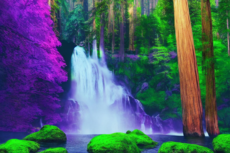 Majestic forest waterfall with moss-covered rocks and vibrant trees