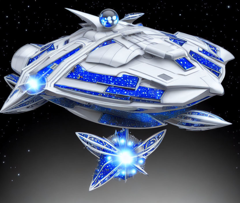 Futuristic 3D-rendered spaceship with blue lights in starry space