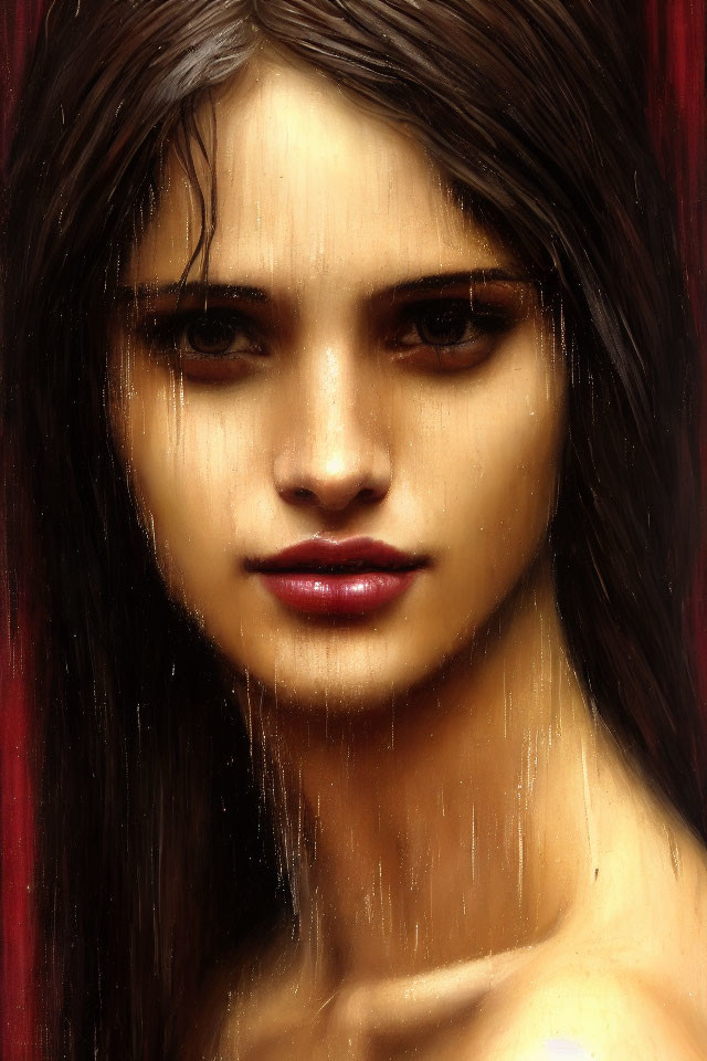 Detailed portrait of a woman with wet hair and neutral expression.