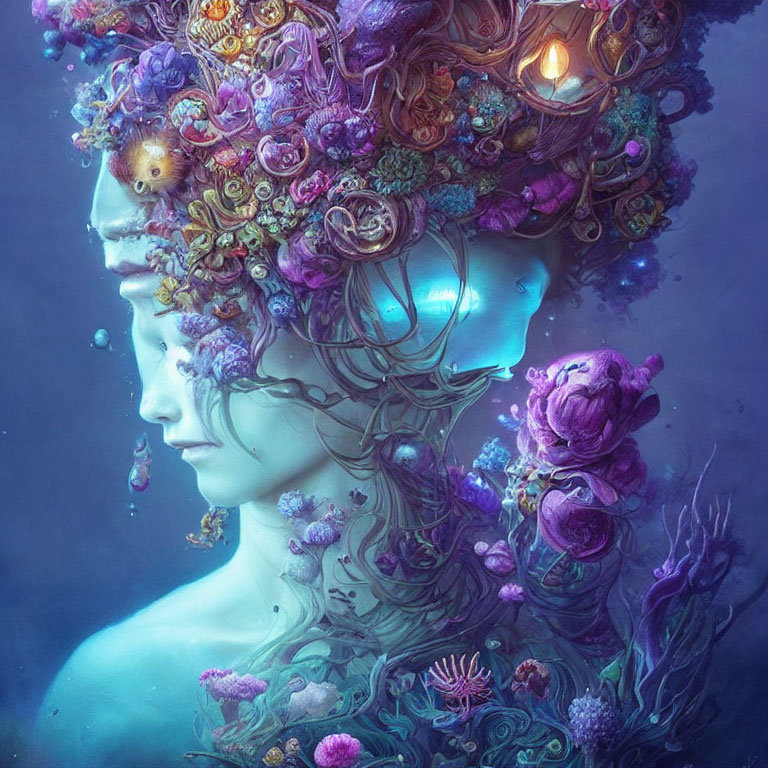 Colorful surreal illustration of female entity with flora and fauna hair in underwater scene