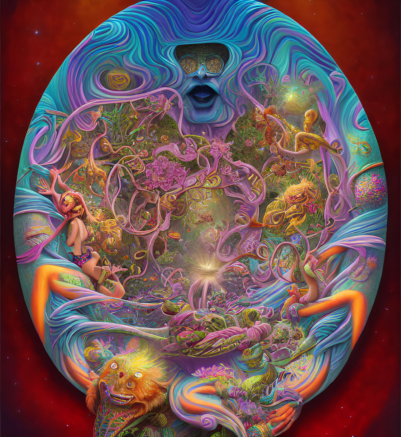 Colorful Psychedelic Artwork with Human-like Face and Sunglasses