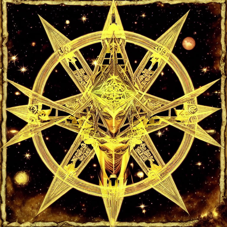 Golden star with stylized face in cosmic setting on dark background