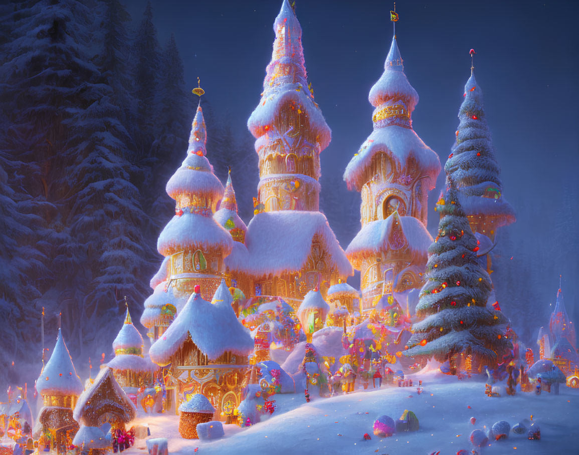 Snow-covered buildings and Christmas trees in a whimsical winter scene