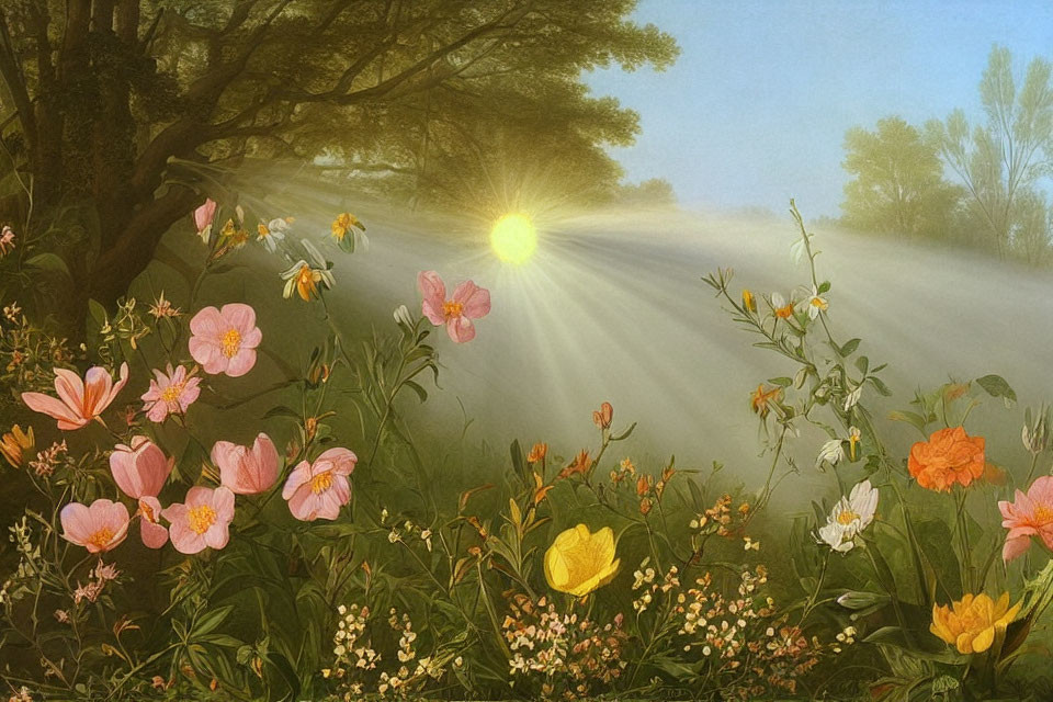 Tranquil forest sunrise with mist, wildflowers, and greenery