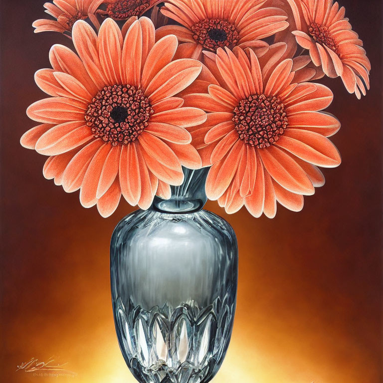 Vibrant orange gerbera flowers in transparent vase on warm background