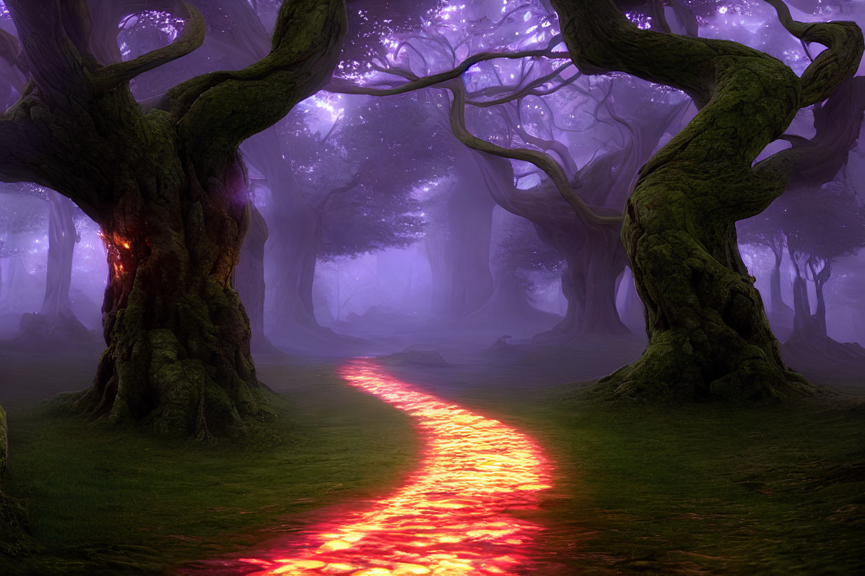 Twisted trees and glowing red path in mystical forest
