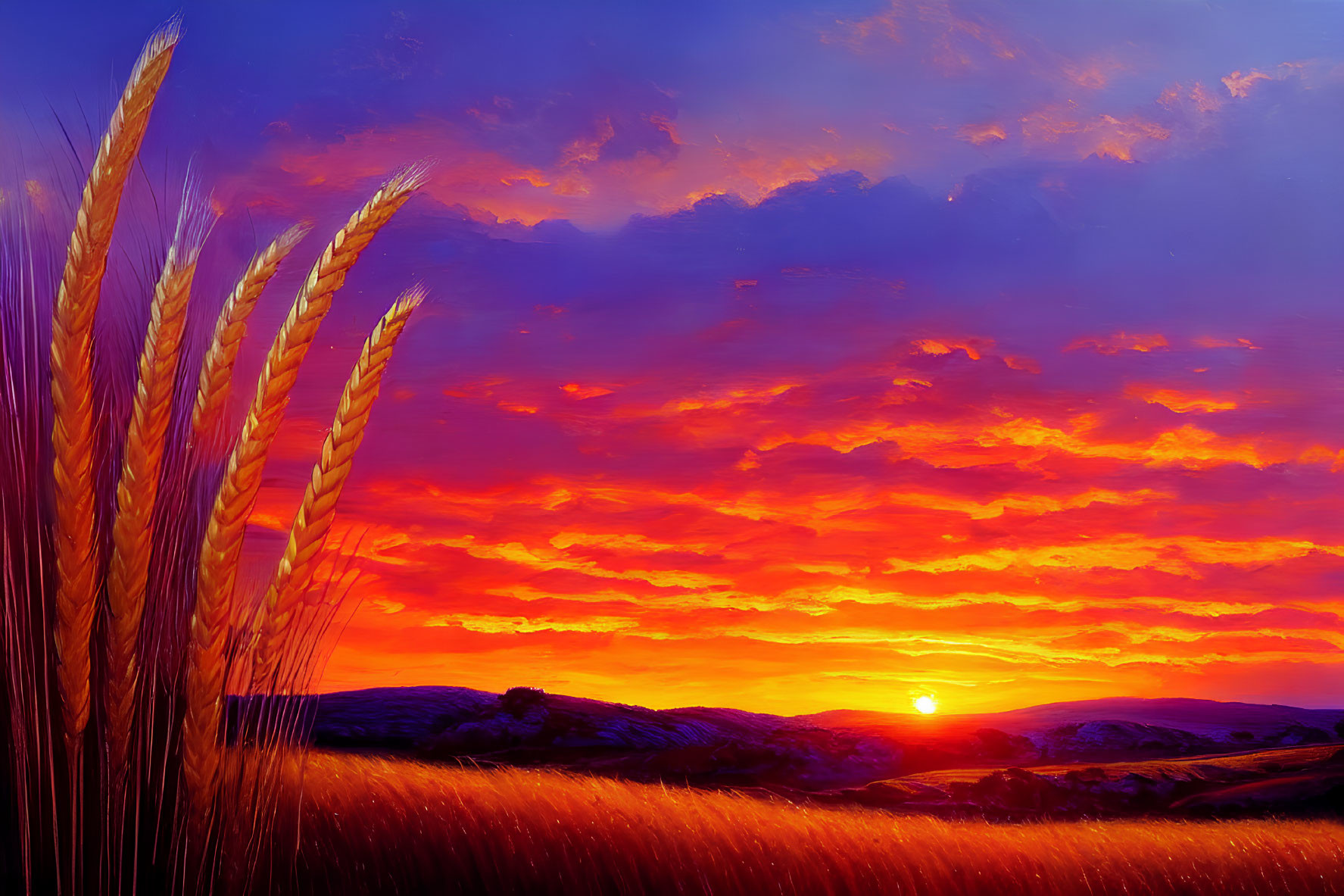 Vibrant painting of golden wheat against a vivid sunset
