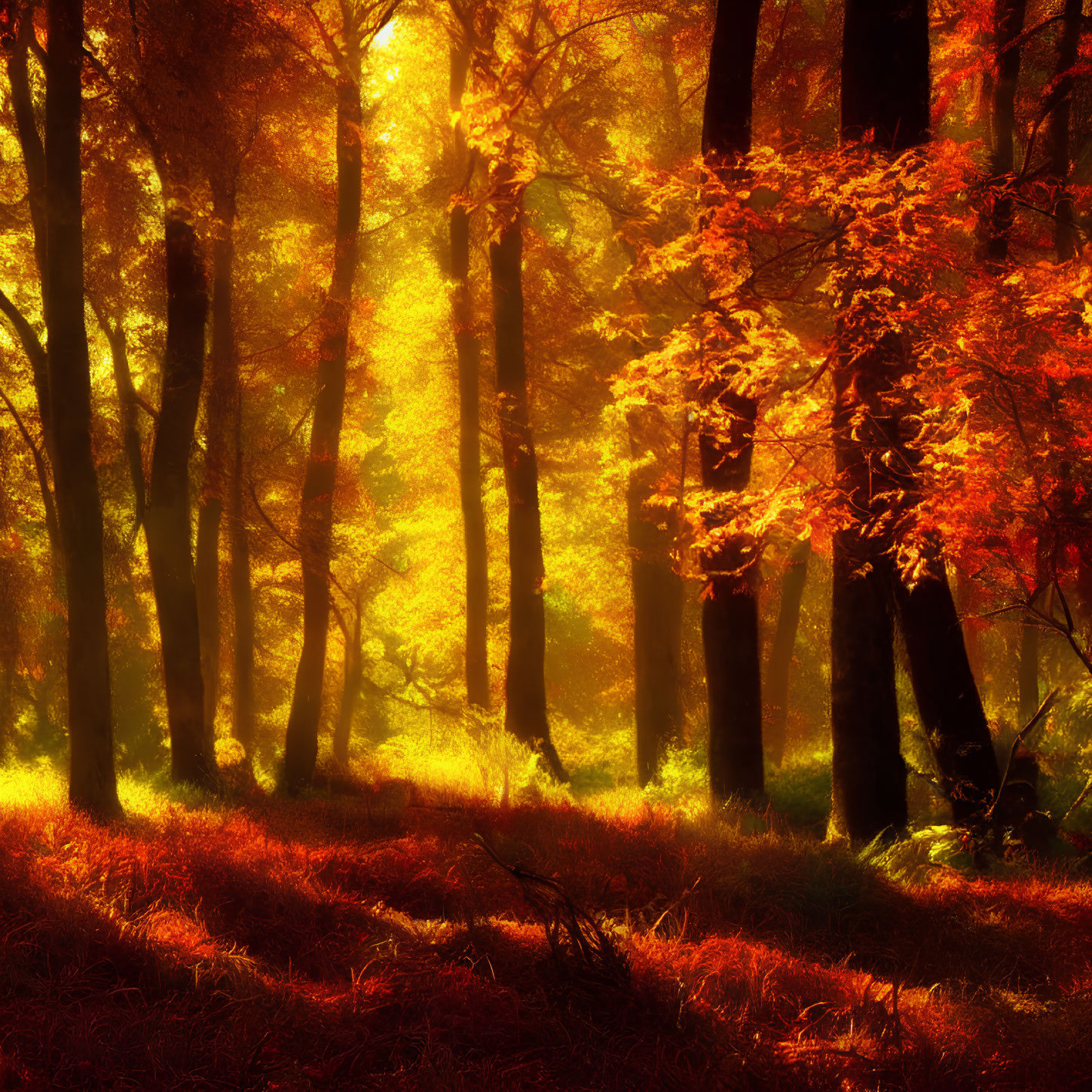 Vibrant autumn forest with red and yellow leaves in sunlight