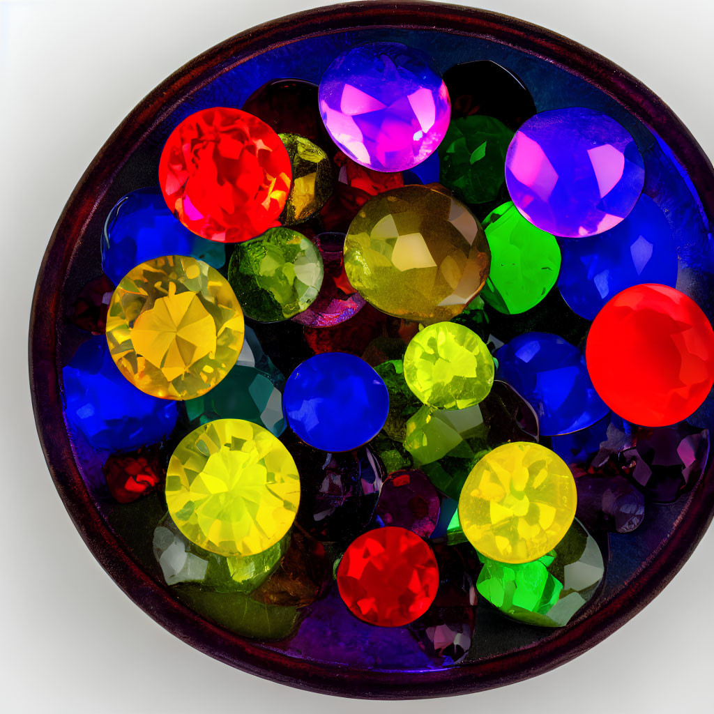 Vibrant Faceted Gemstones in Dark Bowl