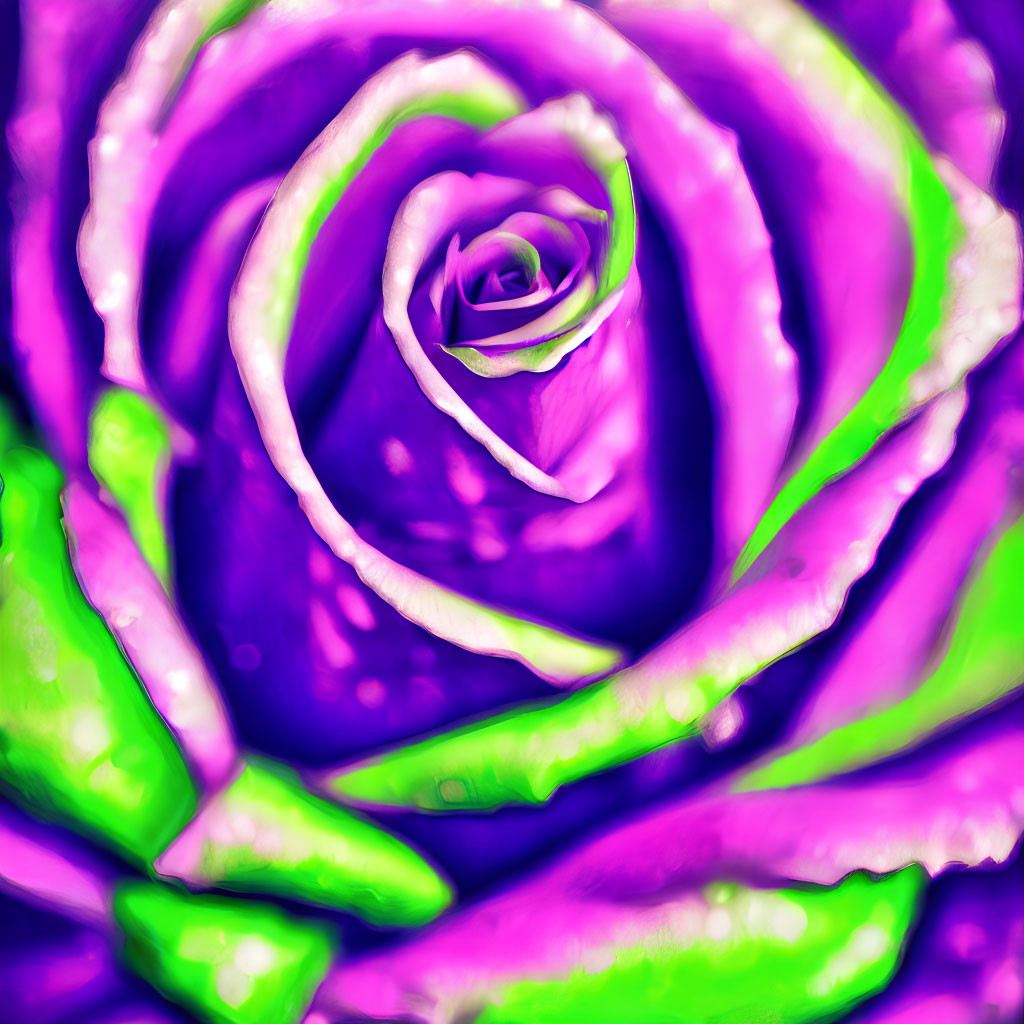 Digitally enhanced rose with vibrant purple and green hues and soft focus effect