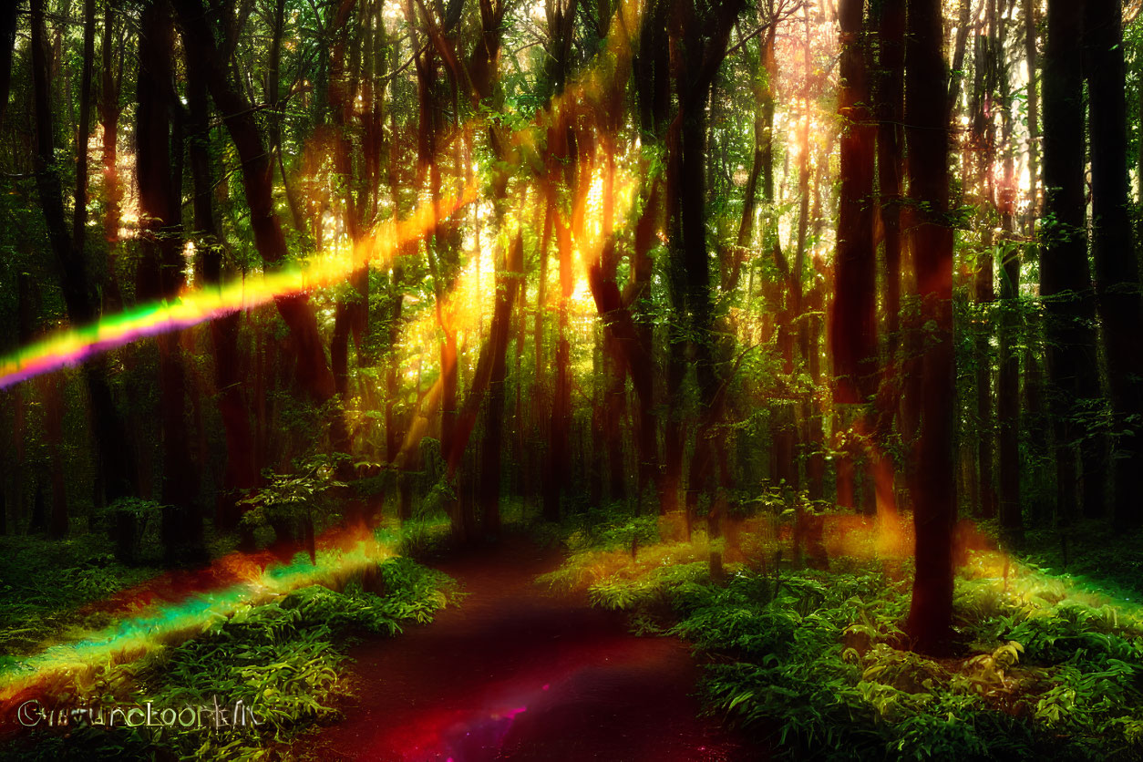 Lush forest with sunlight filtering through dense foliage