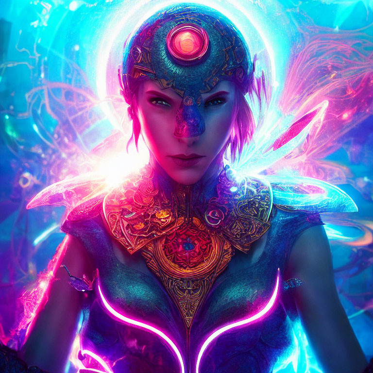 Digital artwork: Woman with cybernetic eye, ornate armor, mystical energy, neon lights