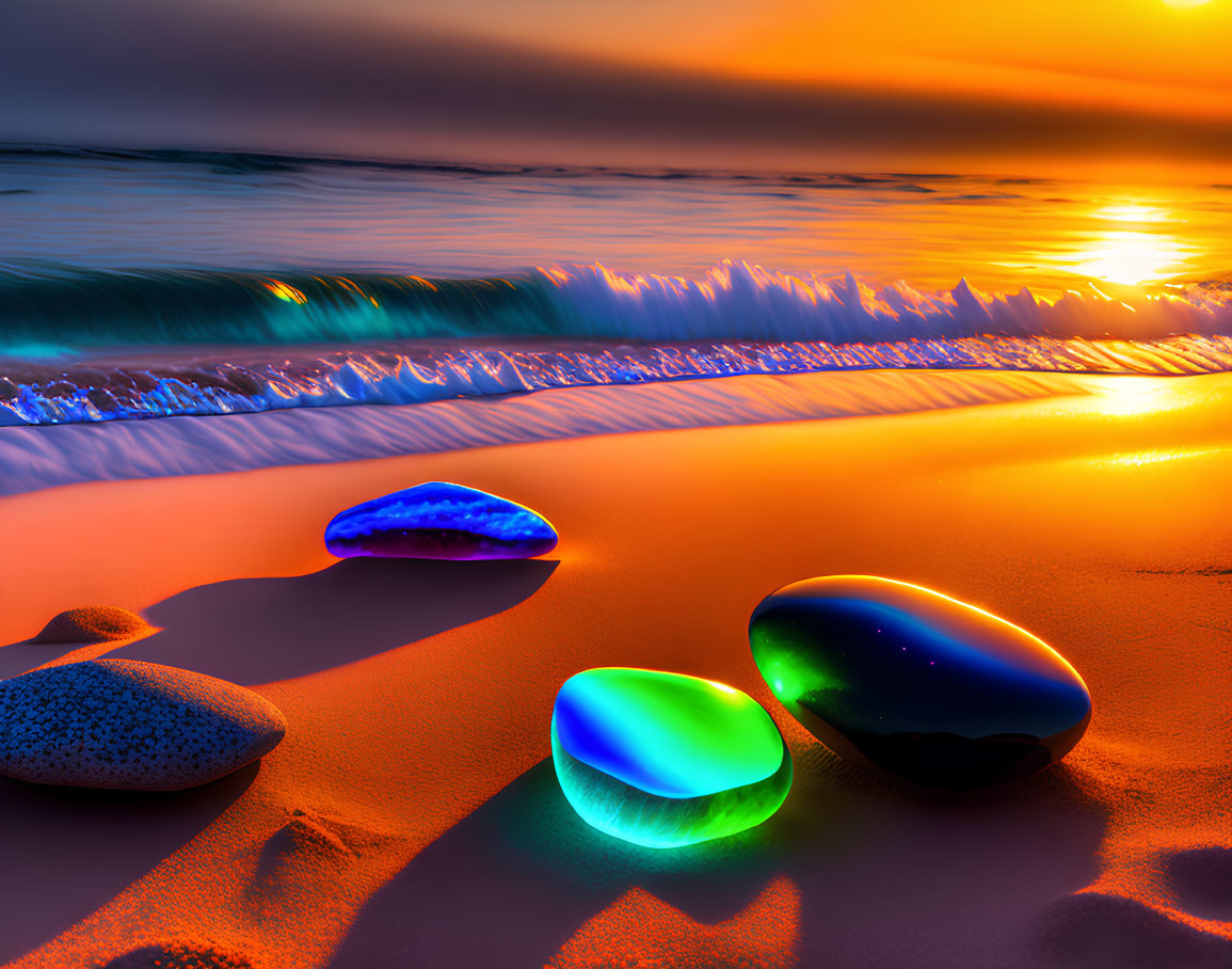 Vibrant glowing stones on sandy beach at sunset